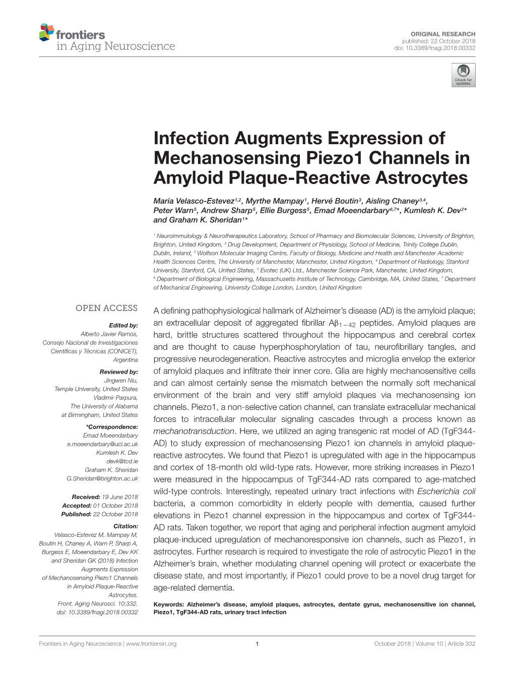 Infection Augments Expression of Mechanosensing Piezo1 Channels in Amyloid Plaque-Reactive Astrocytes