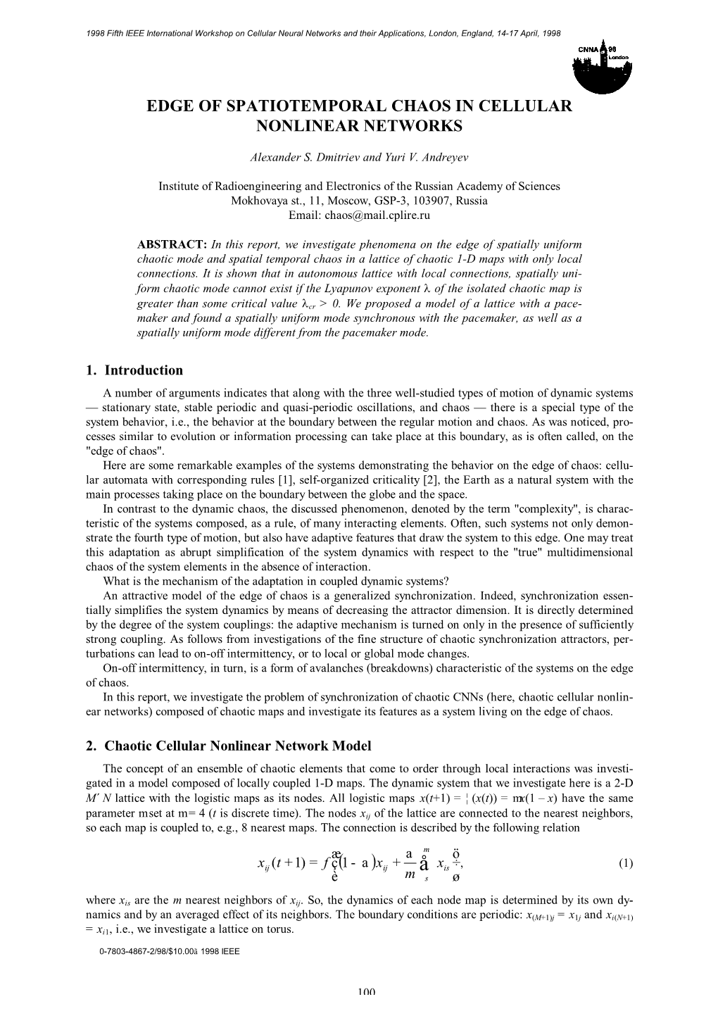 Edge of Spatiotemporal Chaos in Cellular Nonlinear Networks