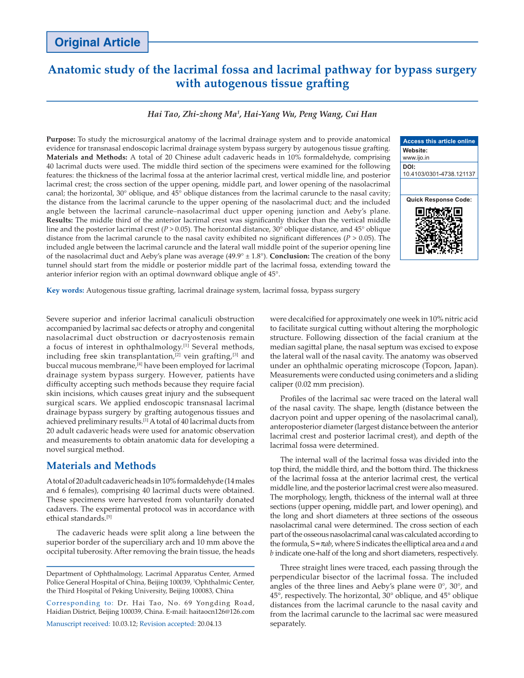 Original Article Anatomic Study of the Lacrimal Fossa and Lacrimal Pathway