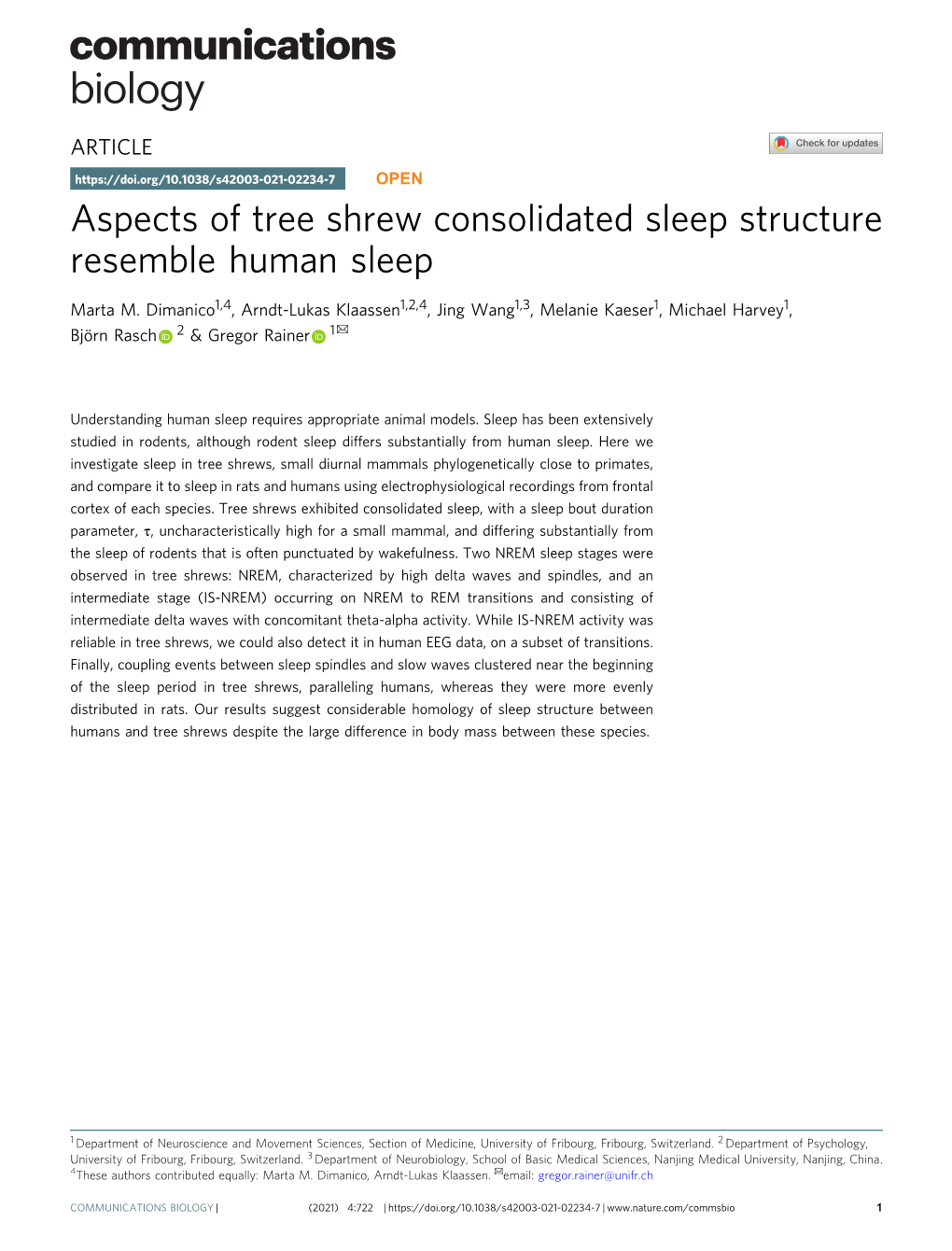 Aspects of Tree Shrew Consolidated Sleep Structure Resemble Human Sleep