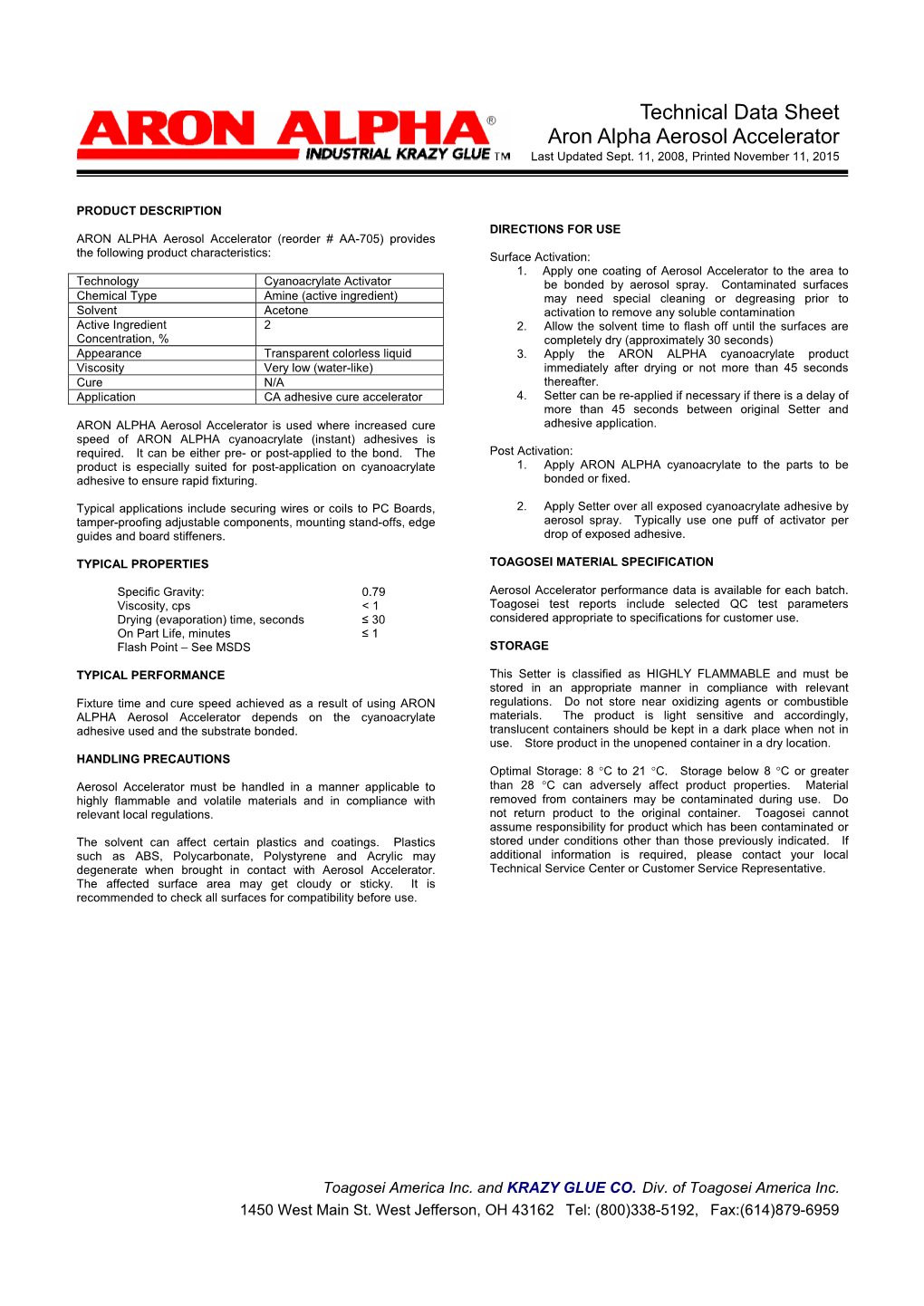 Technical Data Sheet Aron Alpha Aerosol Accelerator Last Updated Sept