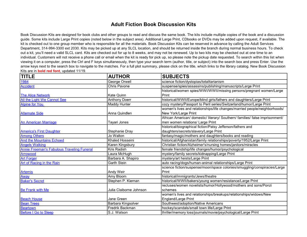 TITLE AUTHOR SUBJECTS Adult Fiction Book Discussion Kits