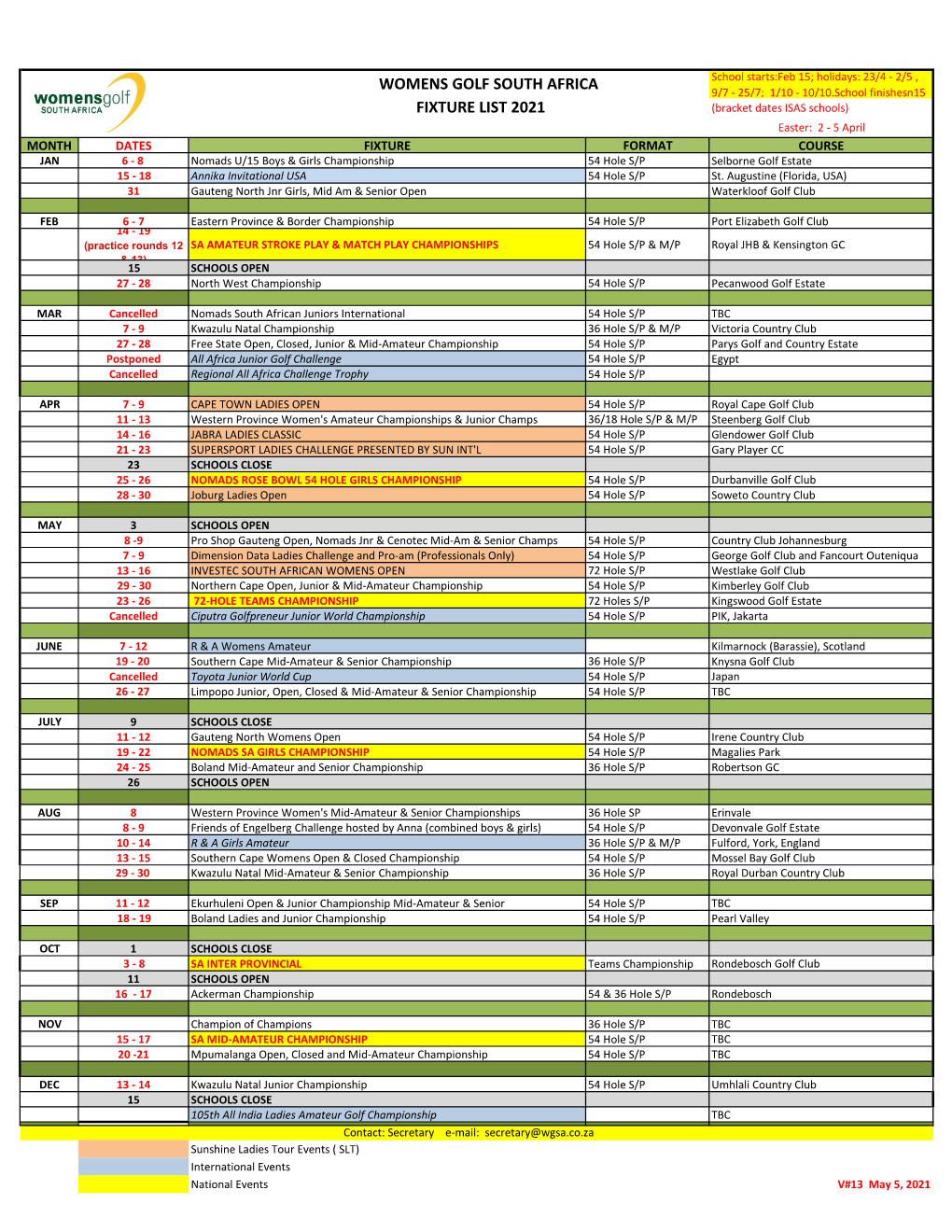 2021 WGSA Fixture List