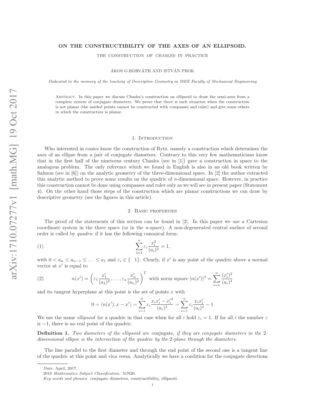 On the Constructibility of the Axes of an Ellipsoid