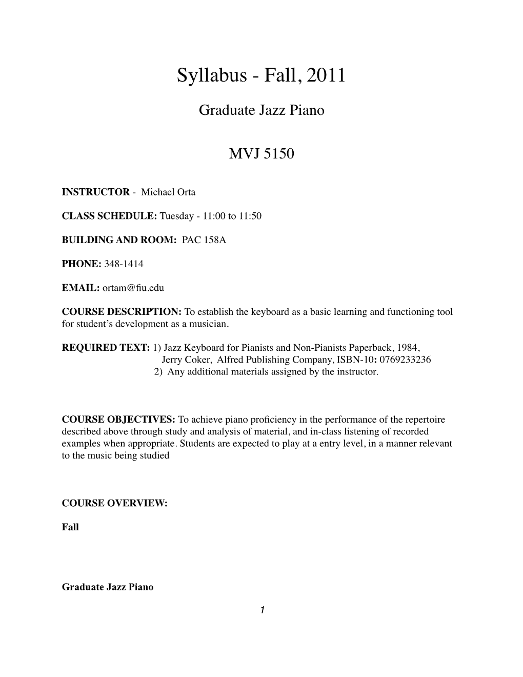 Graduate Jazz Piano Syllabus