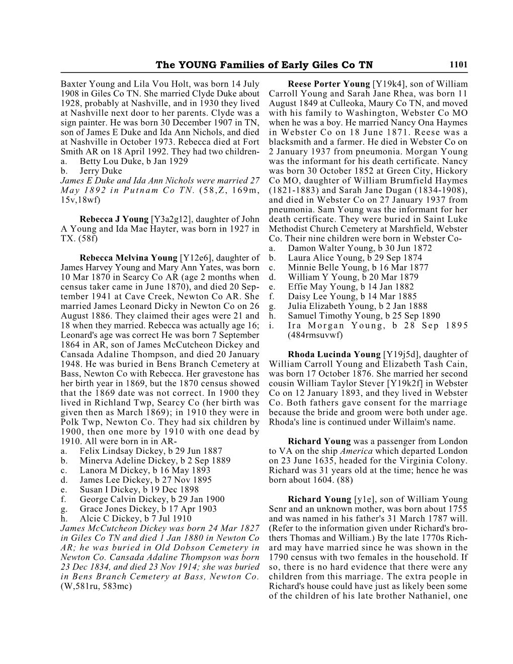 The YOUNG Families of Early Giles Co TN 1101 Baxter Young and Lila Vou Holt, Was Born 14 July Reese Porter Young [Y19k4], Son of William 1908 in Giles Co TN