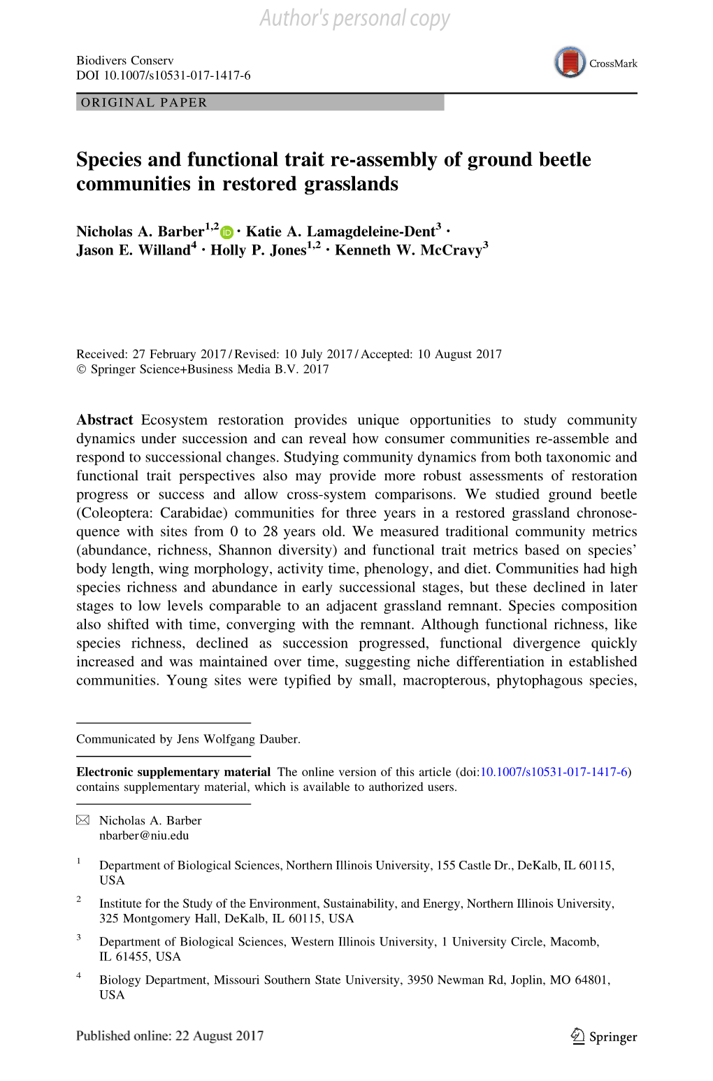 Species and Functional Trait Re-Assembly of Ground Beetle Communities in Restored Grasslands