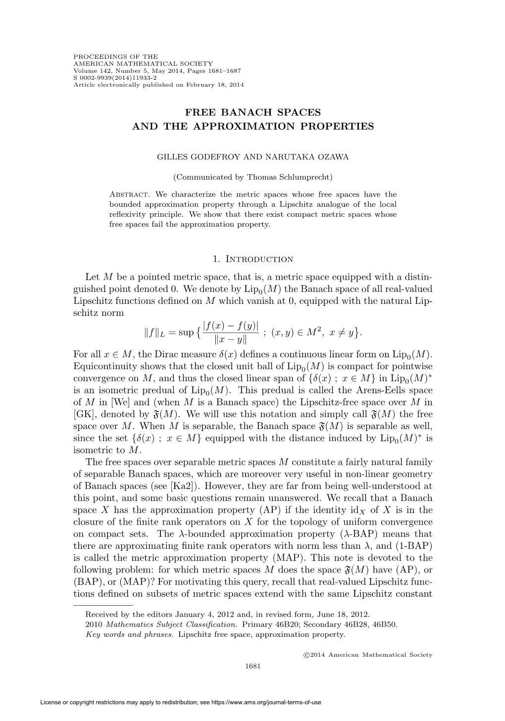 Free Banach Spaces and the Approximation Properties