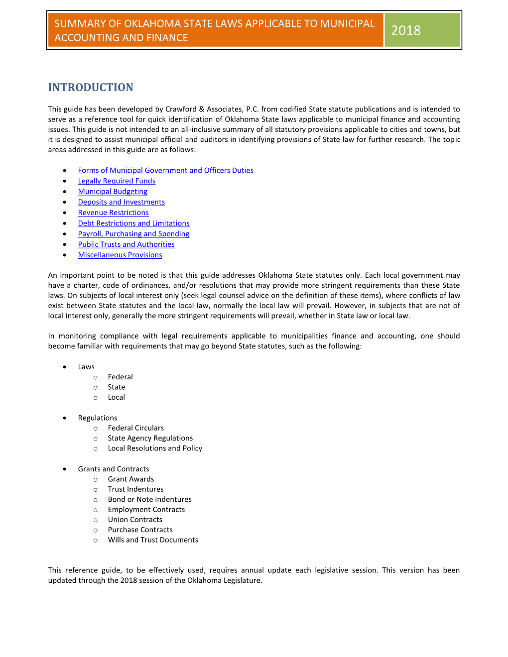 Summary of Oklahoma State Laws Applicable to Municipal Accounting and Finance 2018