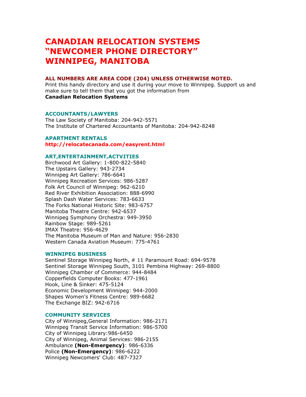 “Newcomer Phone Directory” Winnipeg, Manitoba