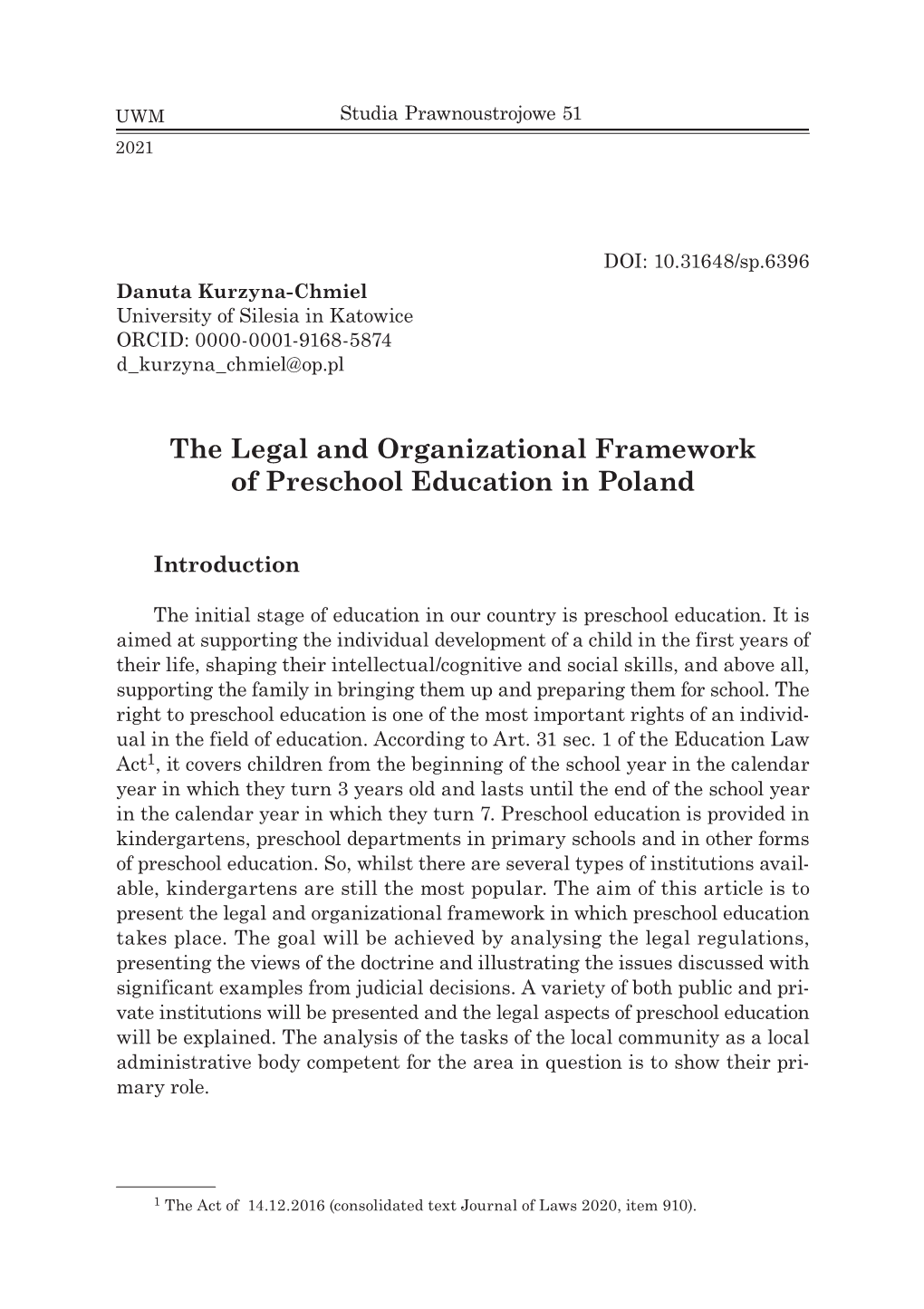 The Legal and Organizational Framework of Preschool Education in Poland