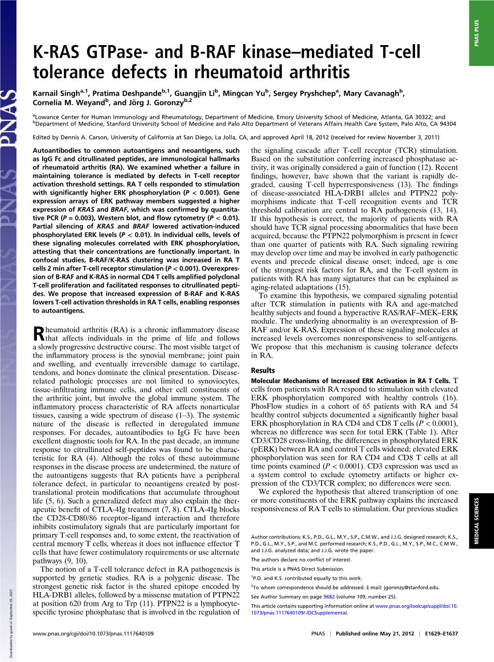 K-RAS Gtpase- and B-RAF Kinase–Mediated T-Cell PNAS PLUS Tolerance Defects in Rheumatoid Arthritis