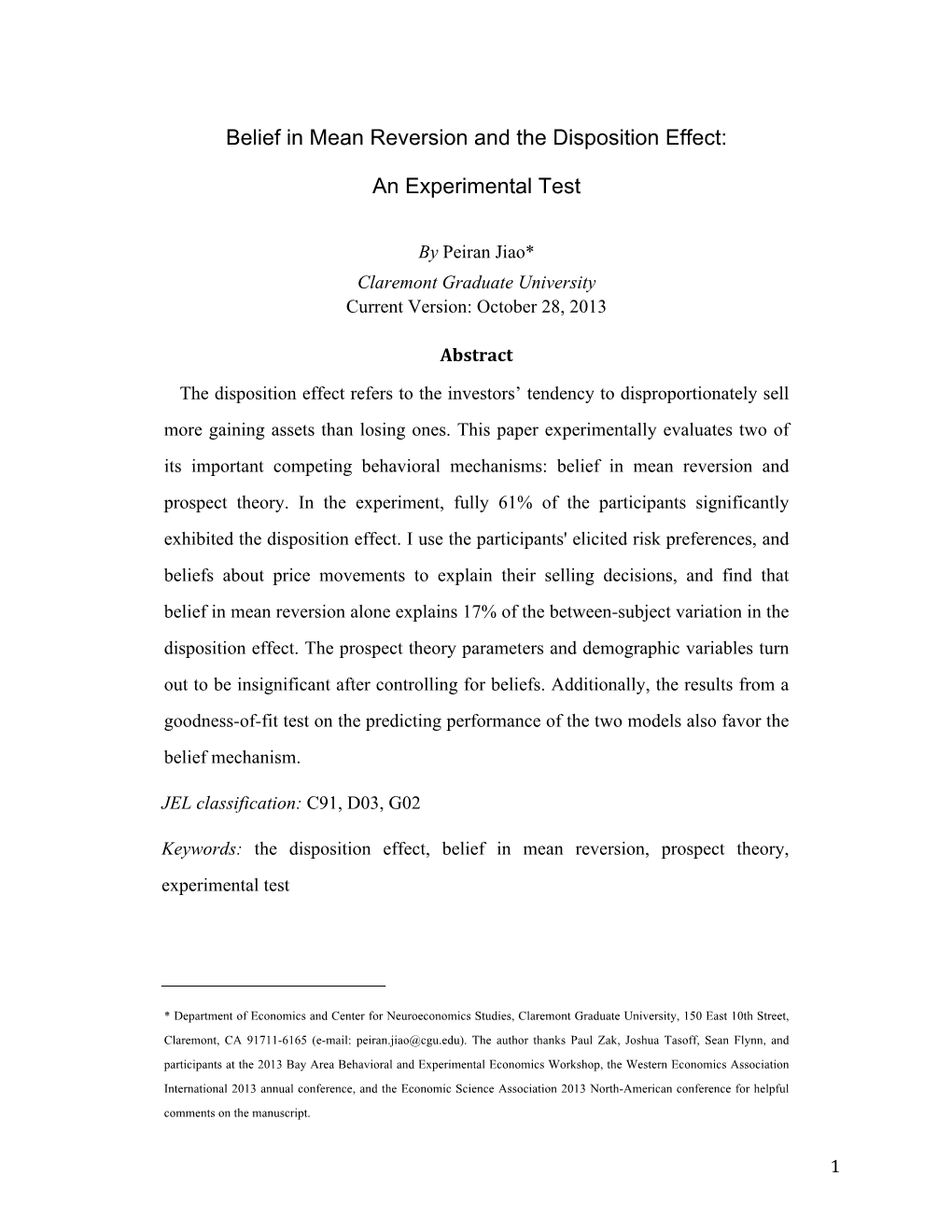 Belief in Mean Reversion and the Disposition Effect