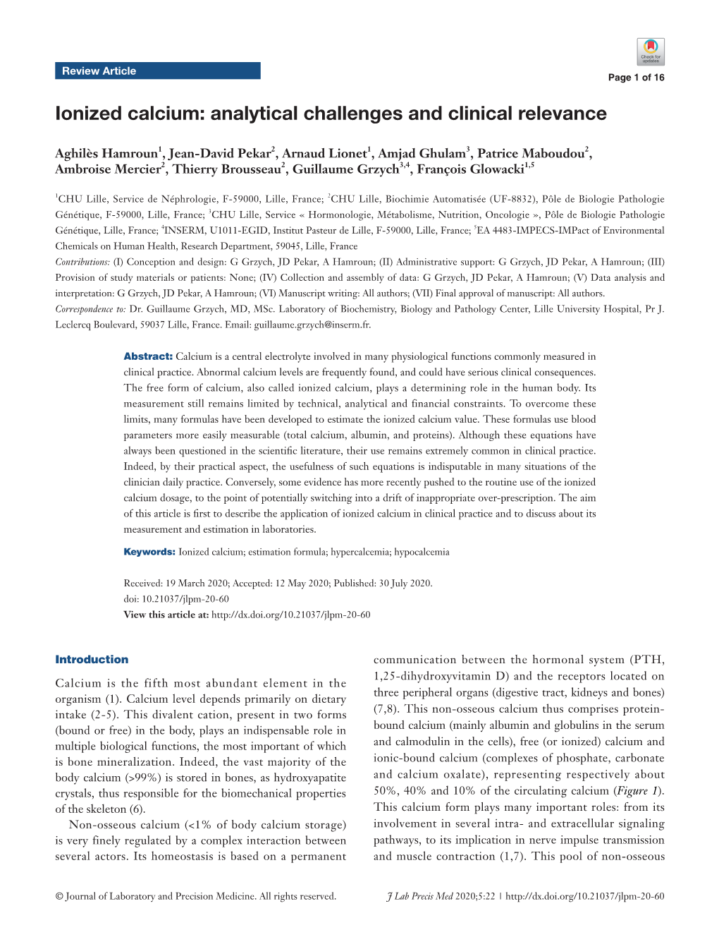 Ionized Calcium: Analytical Challenges and Clinical Relevance