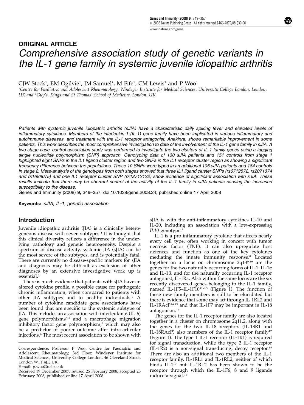 Comprehensive Association Study of Genetic Variants in the IL-1 Gene Family in Systemic Juvenile Idiopathic Arthritis