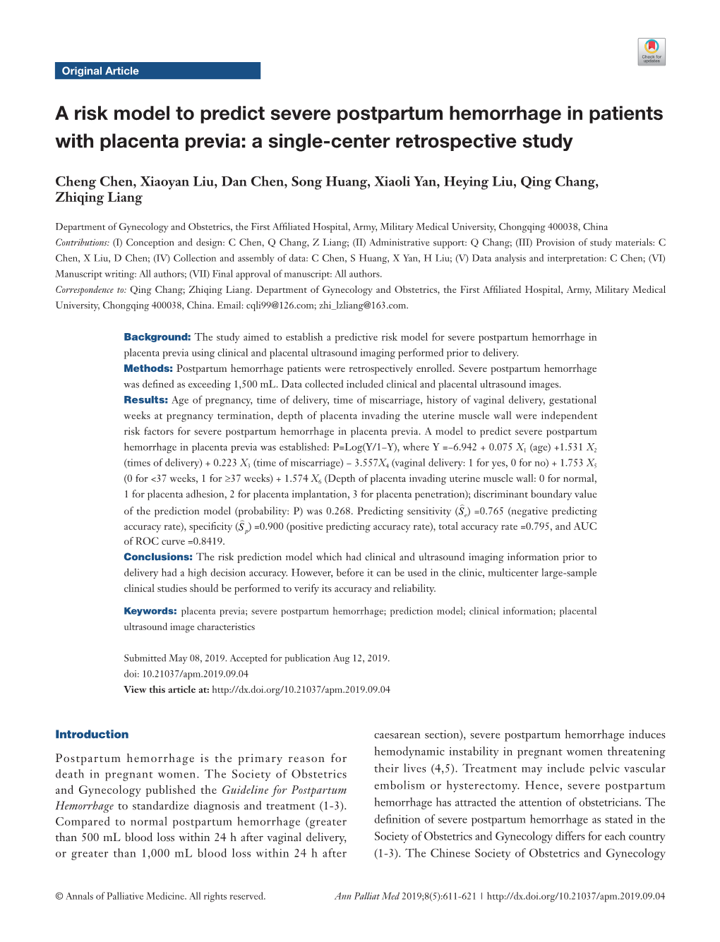 A Risk Model to Predict Severe Postpartum Hemorrhage in Patients with Placenta Previa: a Single-Center Retrospective Study