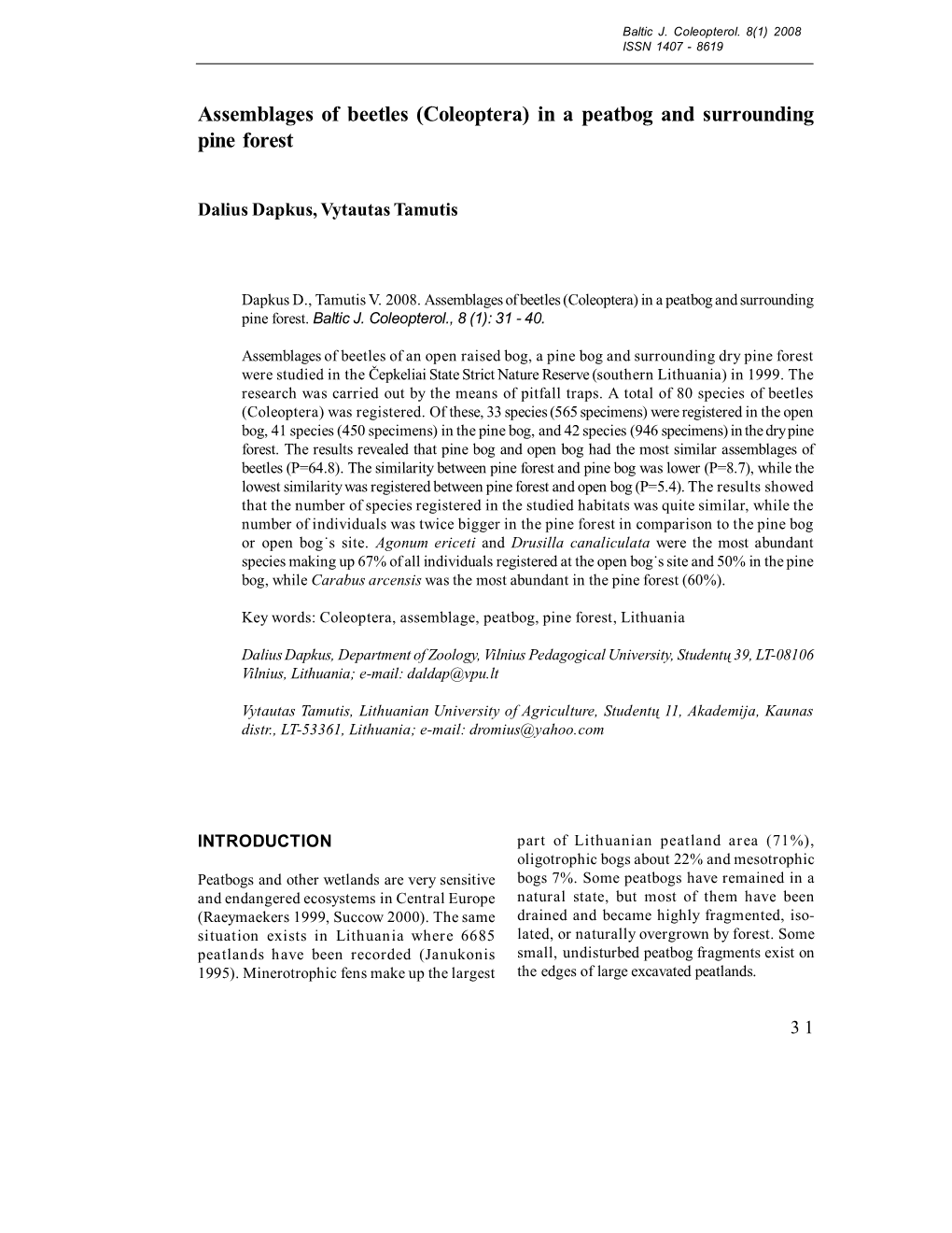 Assemblages of Beetles (Coleoptera) in a Peatbog and Surrounding Pine Forest