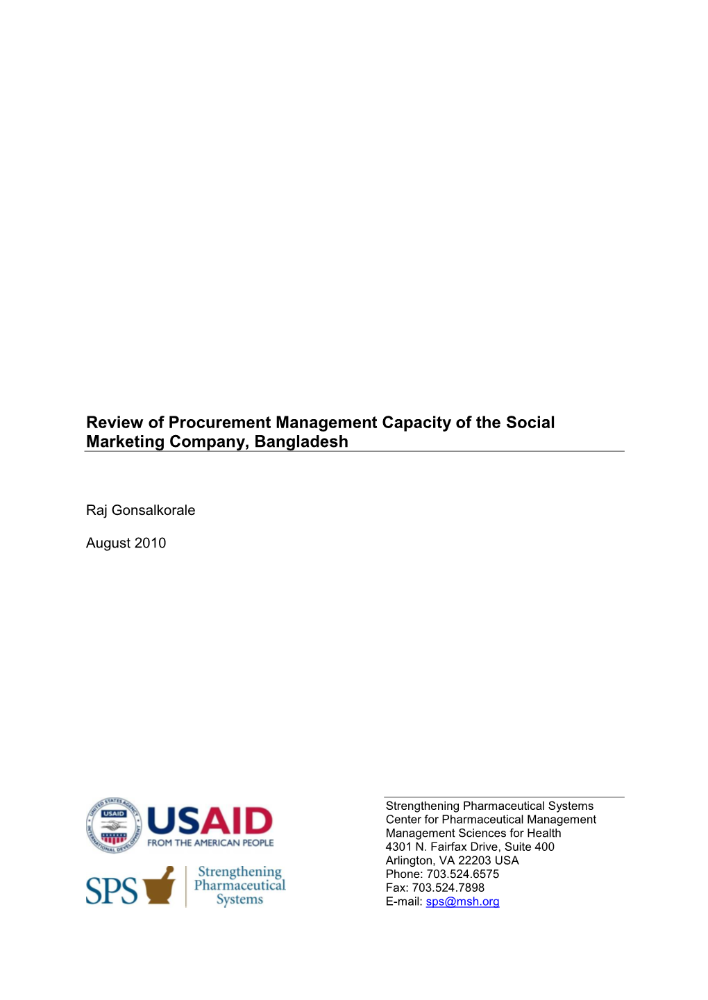 Review of Procurement Management Capacity of the Social Marketing Company, Bangladesh