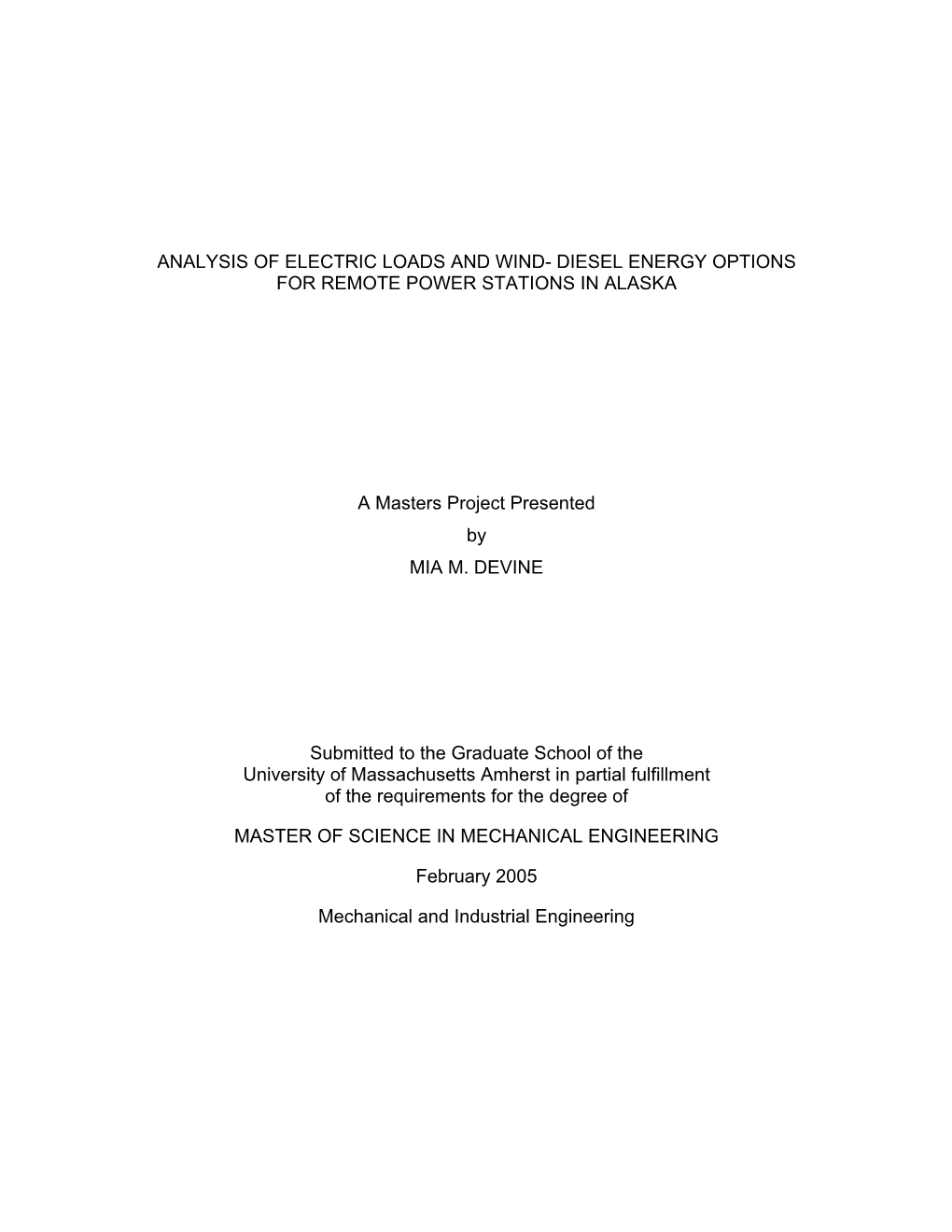 Analysis of Electric Loads and Wind- Diesel Energy Options for Remote Power Stations in Alaska