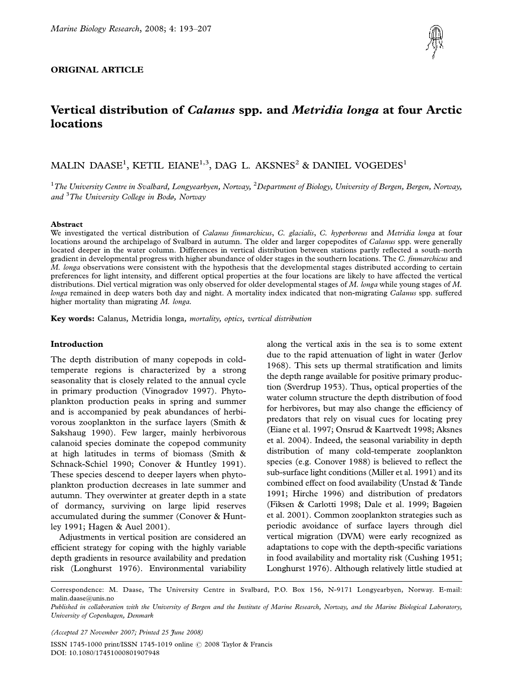 Vertical Distribution of Calanus Spp. and Metridia Longa at Four Arctic Locations