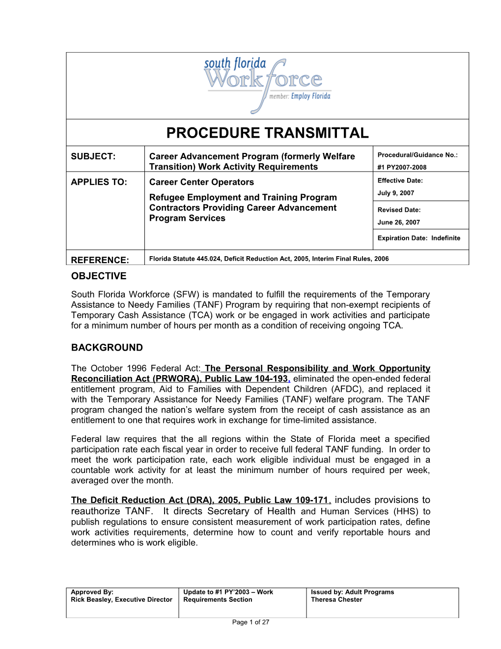 Career Advancement Program (Formerly Welfare Transition) Work Activity Requirements