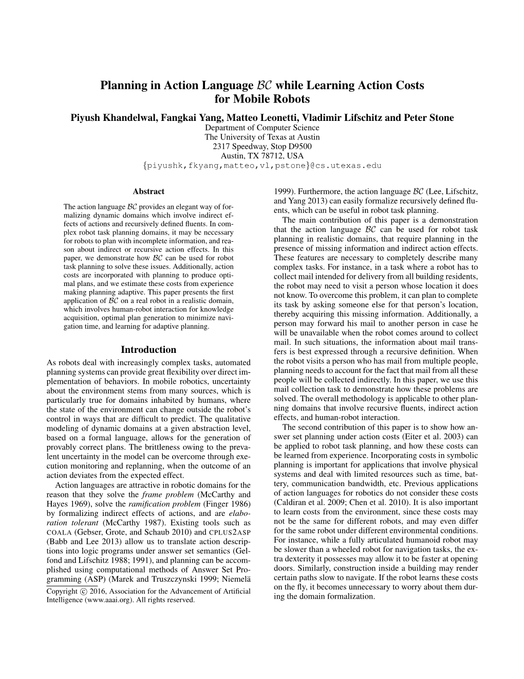 Planning in Action Language BC While Learning Action Costs for Mobile Robots