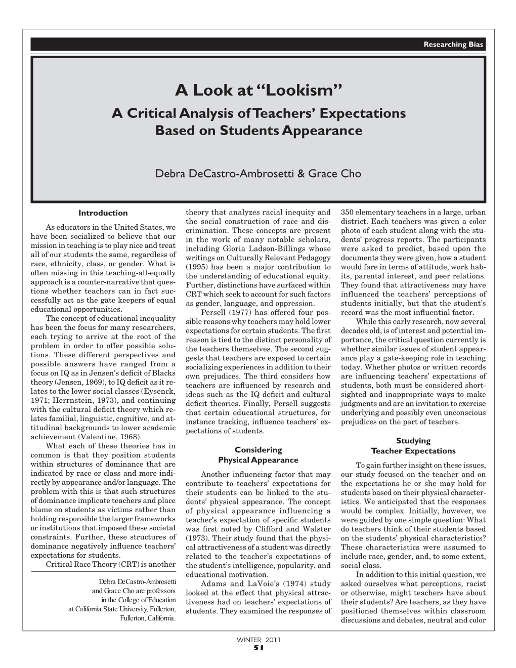 Lookism” a Critical Analysis of Teachers’ Expectations Based on Students Appearance