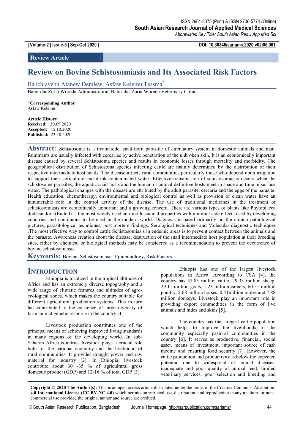 Review on Bovine Schistosomiasis and Its Associated Risk Factors