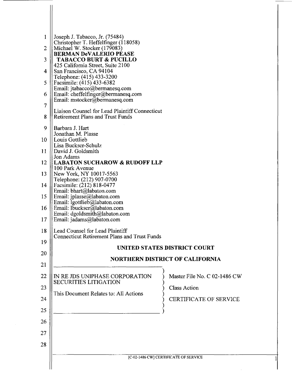 In Re JDS Uniphase Corporation Securities Litigation 02-CV-01486