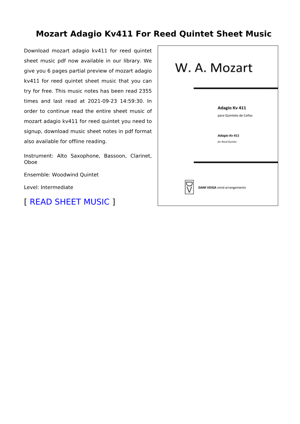 Mozart Adagio Kv411 for Reed Quintet Sheet Music