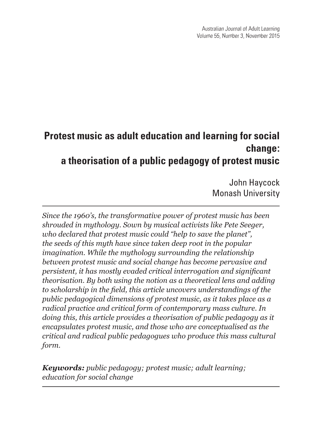 Protest Music As Adult Education and Learning for Social Change: a Theorisation of a Public Pedagogy of Protest Music