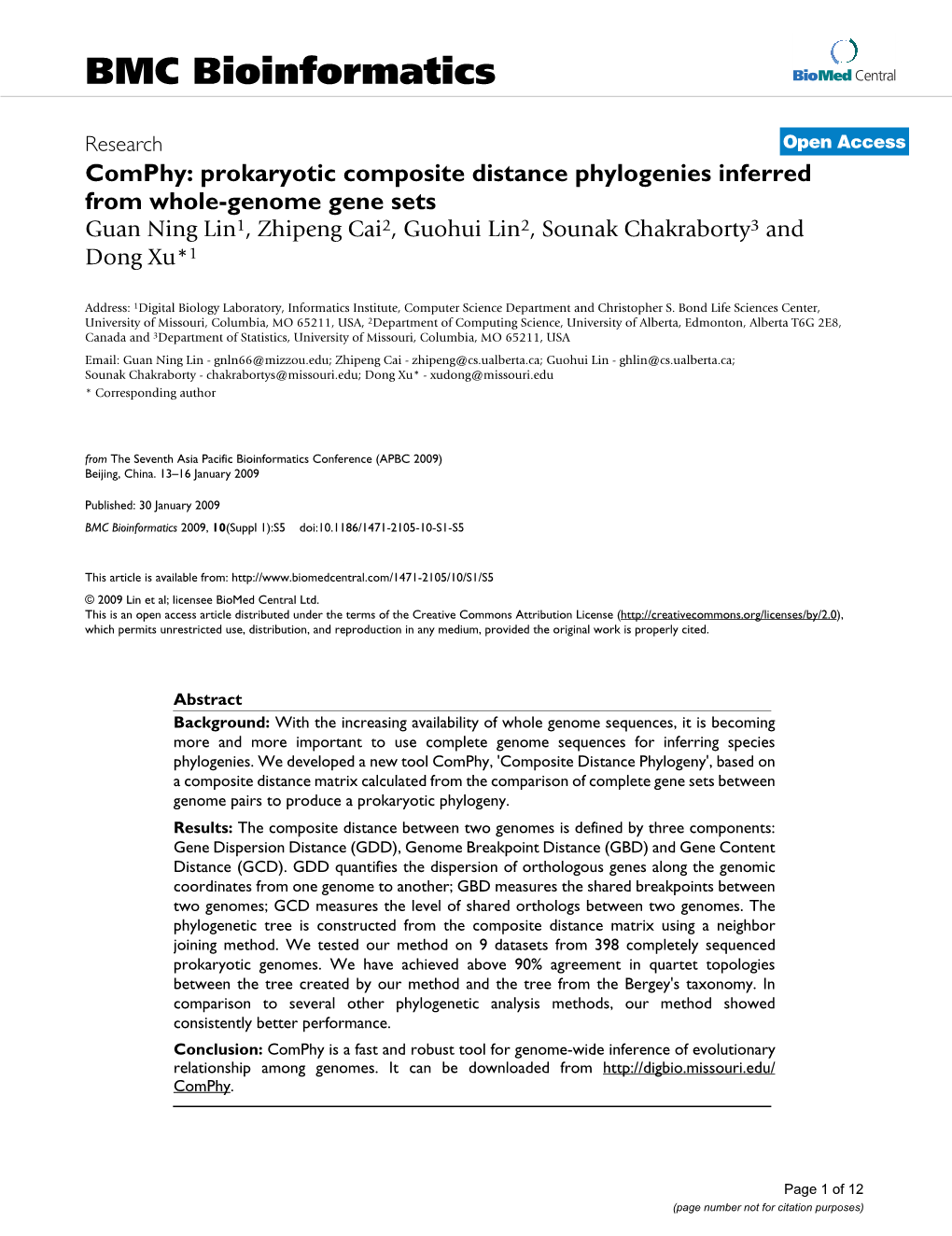 Comphy: Prokaryotic Composite Distance Phylogenies Inferred from Whole-Genome Gene Sets Guan Ning Lin1, Zhipeng Cai2, Guohui Lin2, Sounak Chakraborty3 and Dong Xu*1