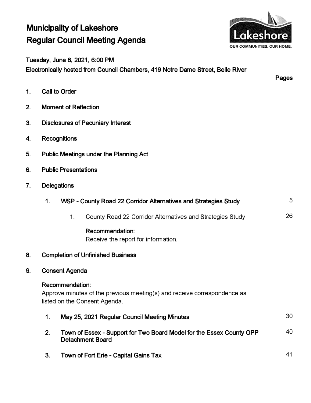 Municipality of Lakeshore Regular Council Meeting Agenda OUR COMMUNITIES, OUR HOME