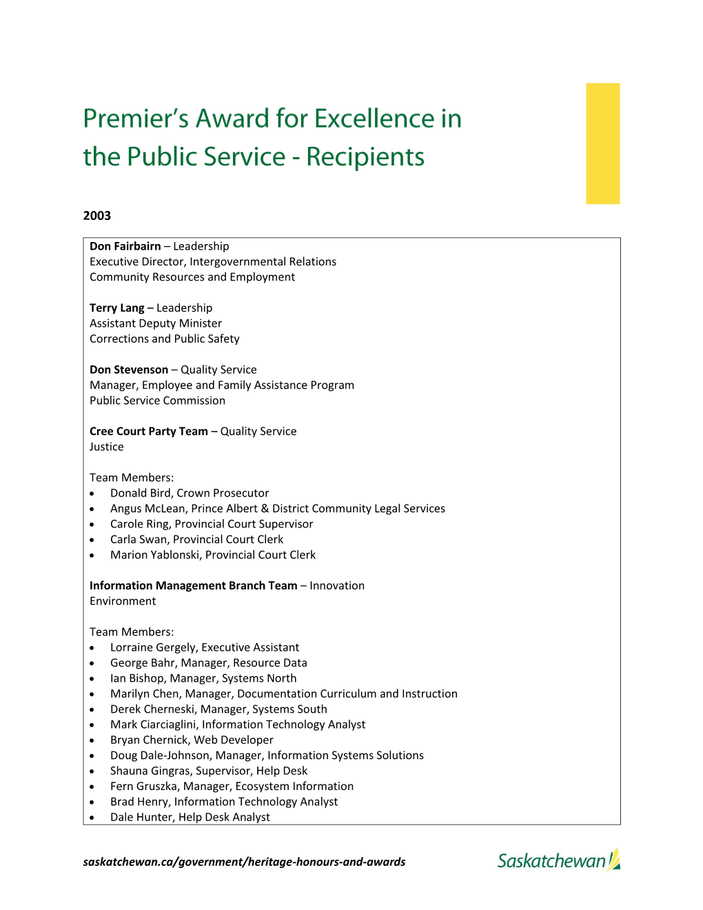 Premier's Award Recipients