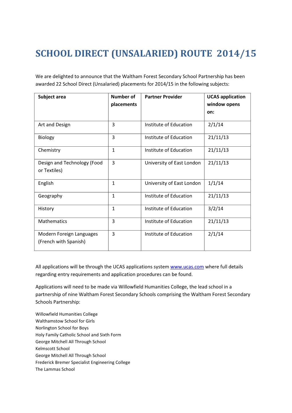 School Direct (Unsalaried) Route 2014/15