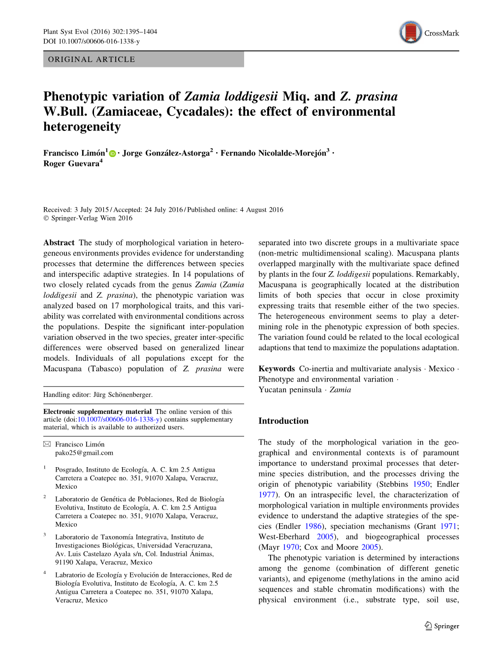 Phenotypic Variation of Zamia Loddigesii Miq. and Z. Prasina W.Bull. (Zamiaceae, Cycadales): the Effect of Environmental Heterogeneity