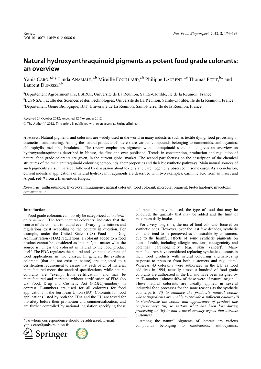 Natural Hydroxyanthraquinoid Pigments As Potent Food Grade Colorants: an Overview