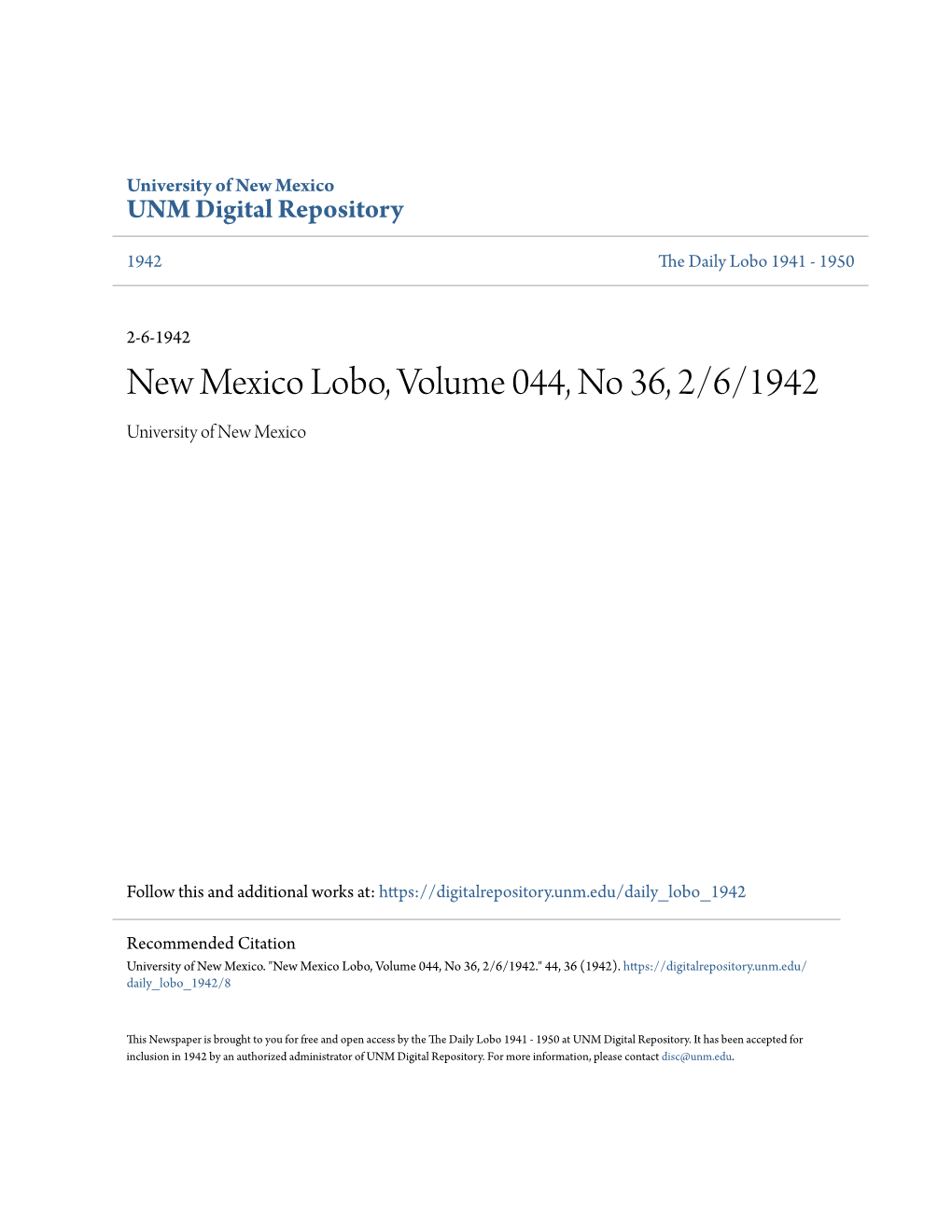 New Mexico Lobo, Volume 044, No 36, 2/6/1942 University of New Mexico