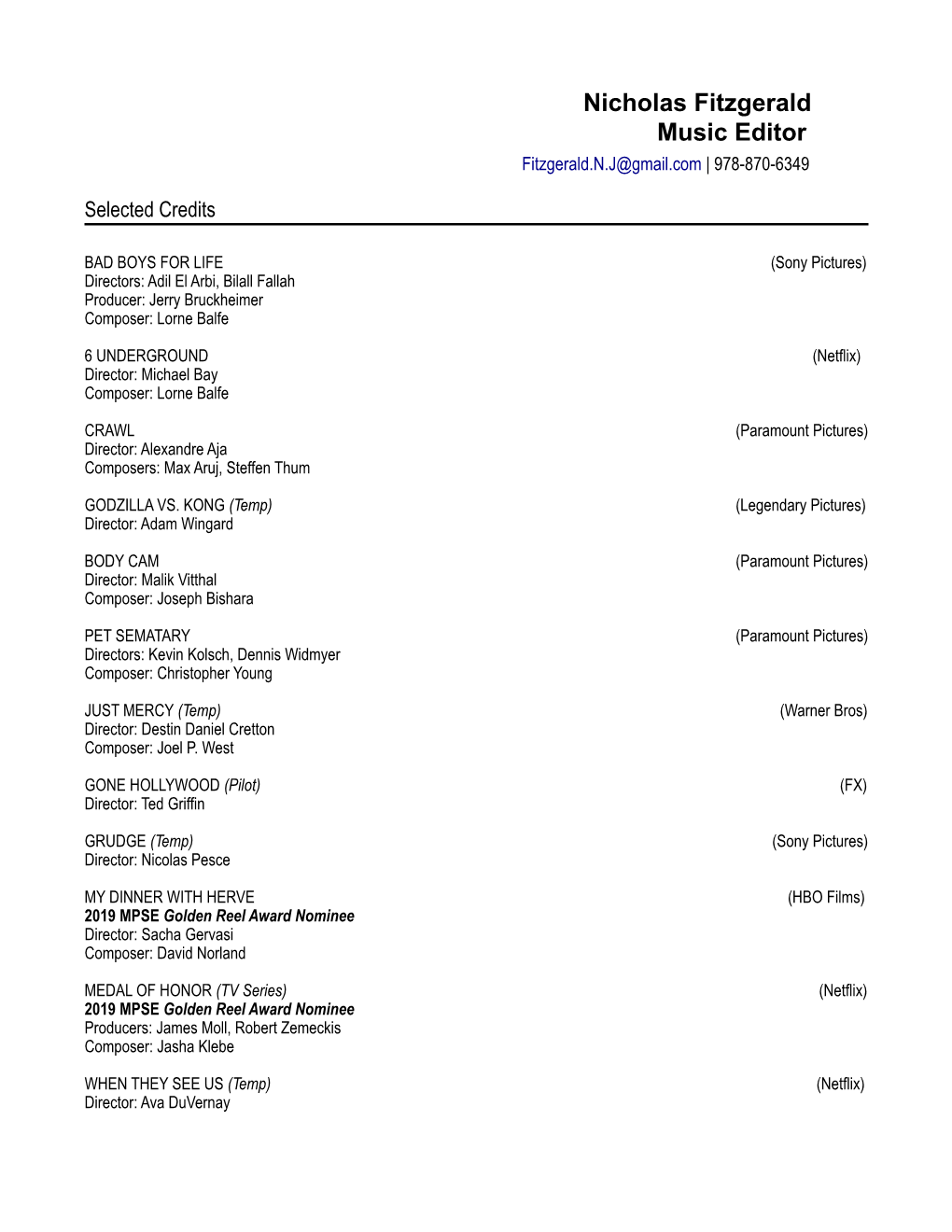 Nicholas Fitzgerald Music Editor Selected Credits Resume 0120