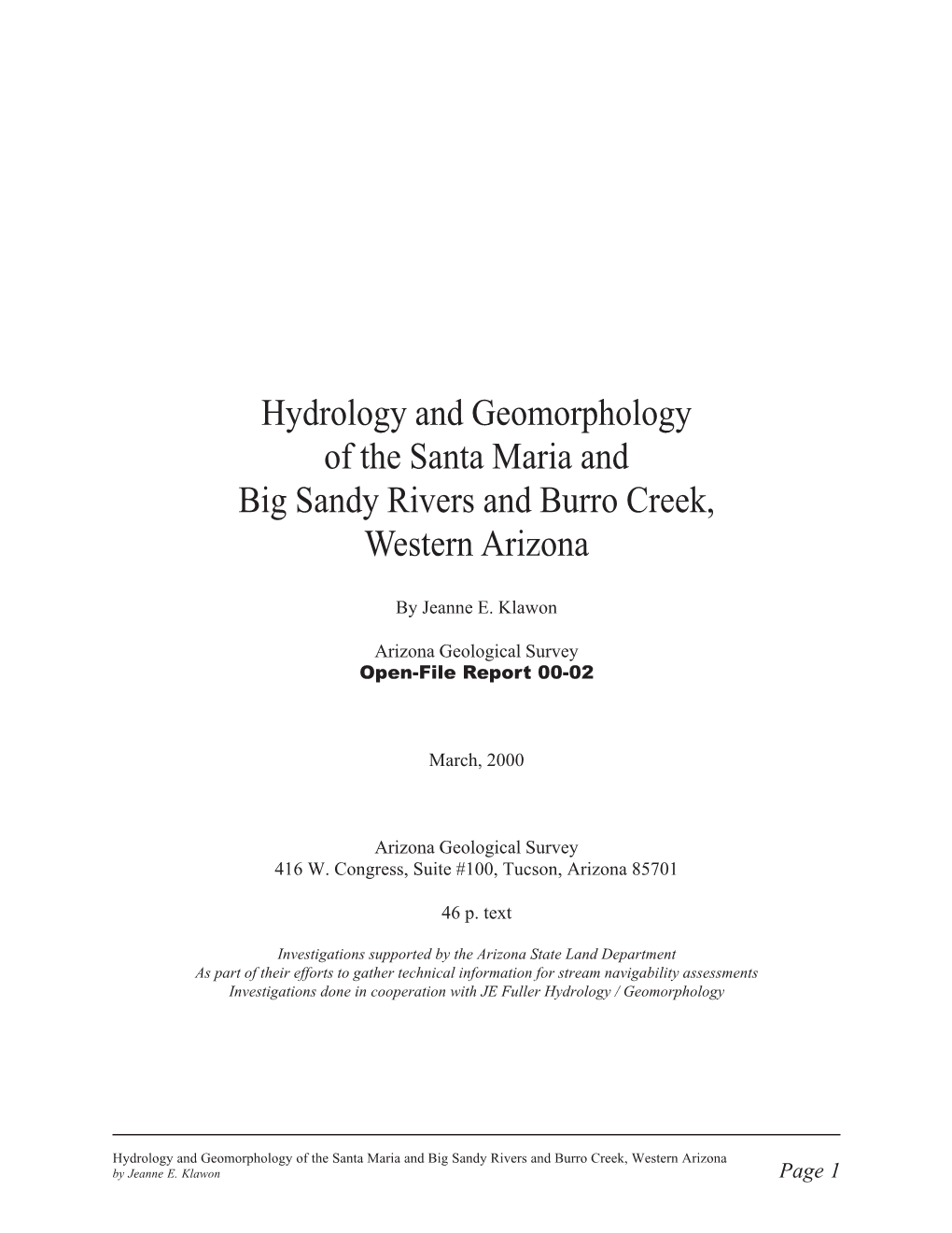 Hydrology and Geomorphology of the Santa Maria and Big Sandy Rivers and Burro Creek, Western Arizona