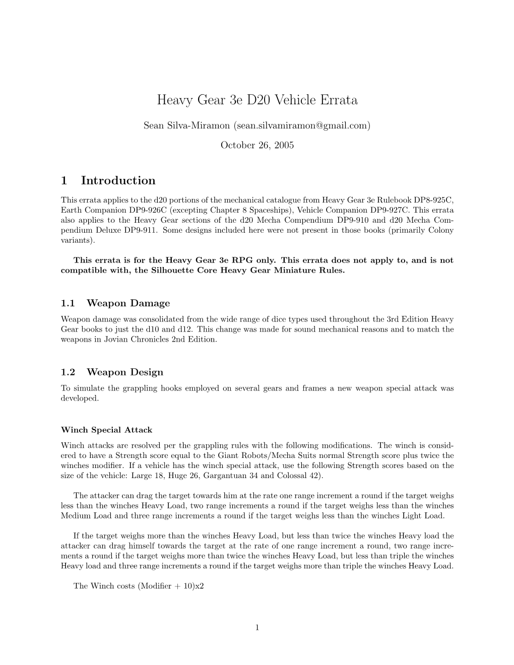 Heavy Gear 3E D20 Vehicle Errata