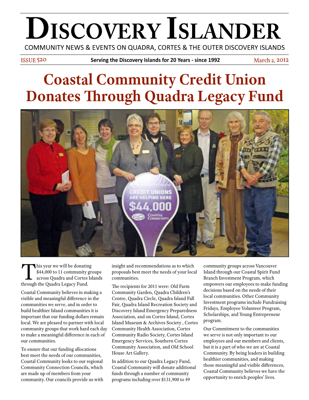 Coastal Community Credit Union Donates Through Quadra Legacy Fund