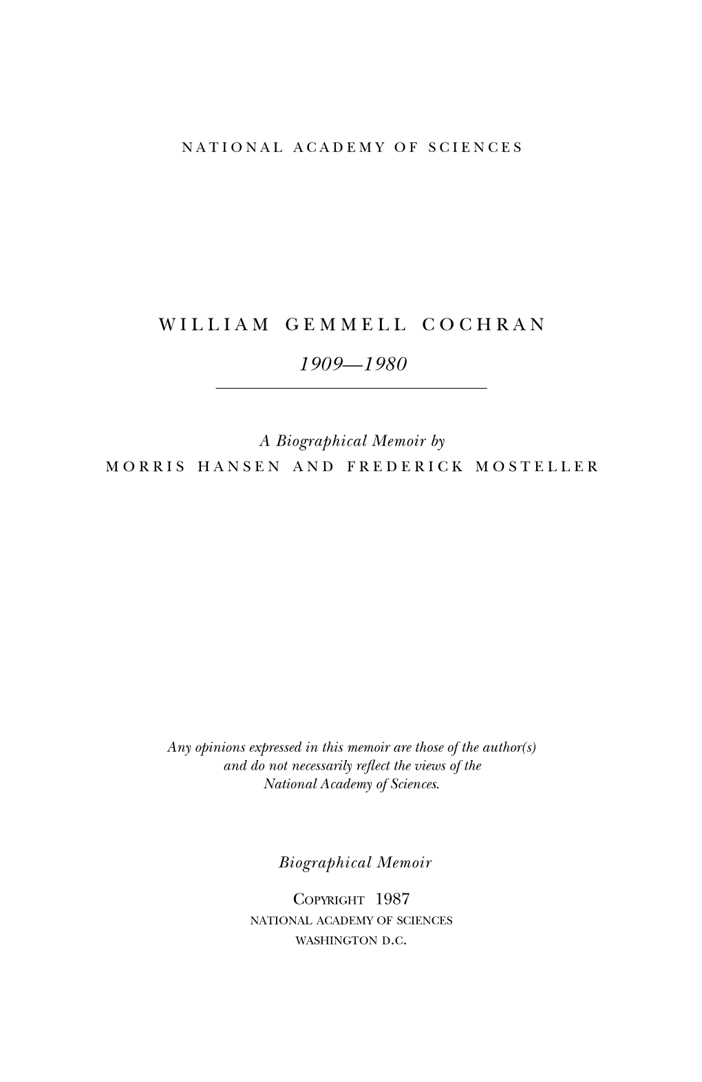 WILLIAM GEMMELL COCHRAN July 15, 1909-March29, 1980