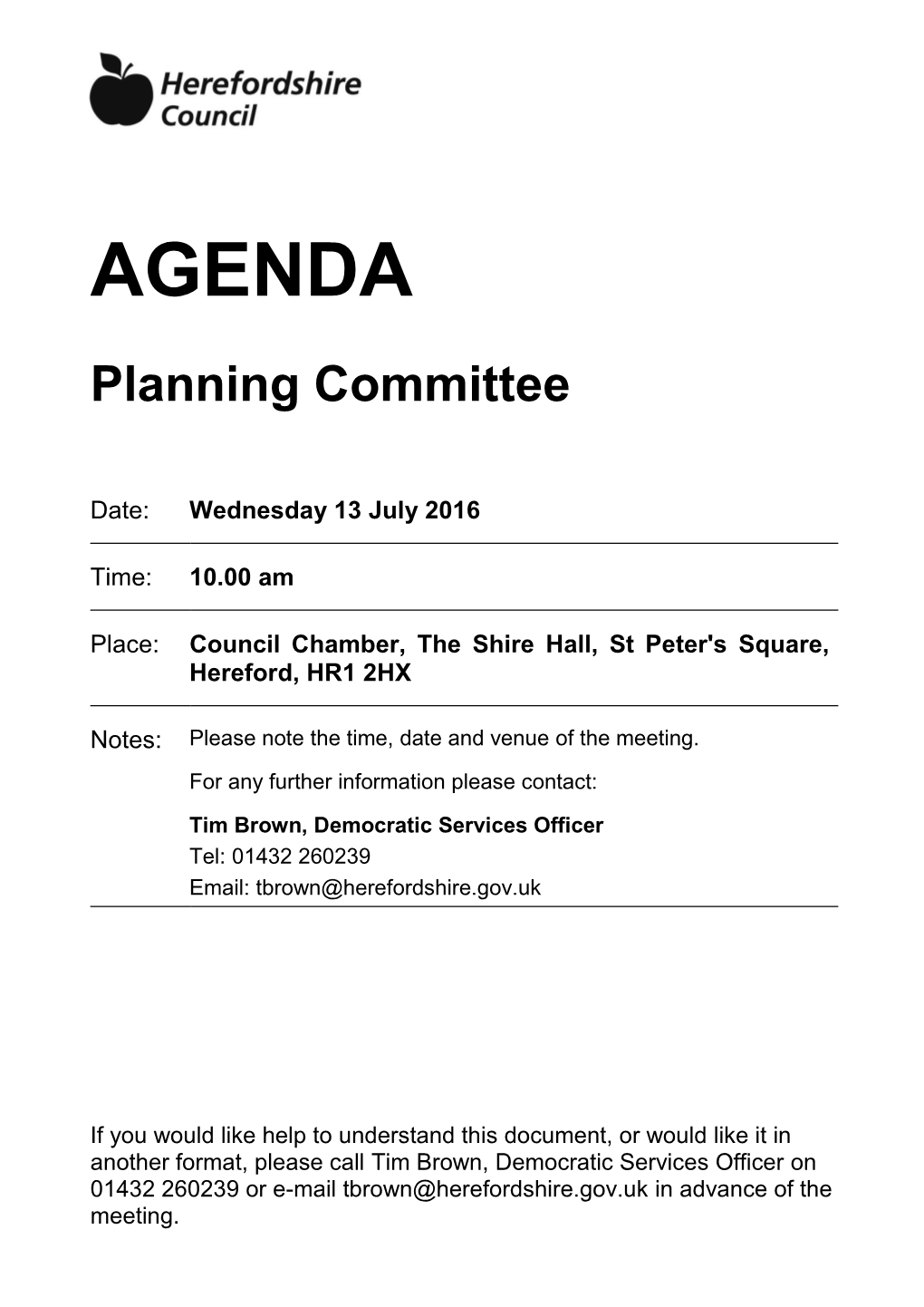 (Public Pack)Agenda Document for Planning Committee, 13/07/2016