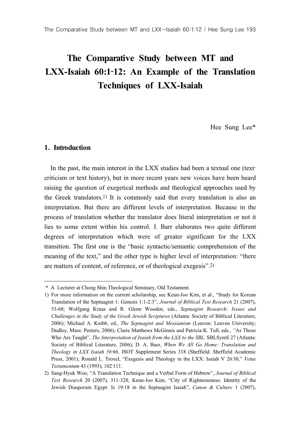 The Comparative Study Between MT and LXX-Isaiah 60:1‐12: an Example of the Translation Techniques of LXX-Isaiah