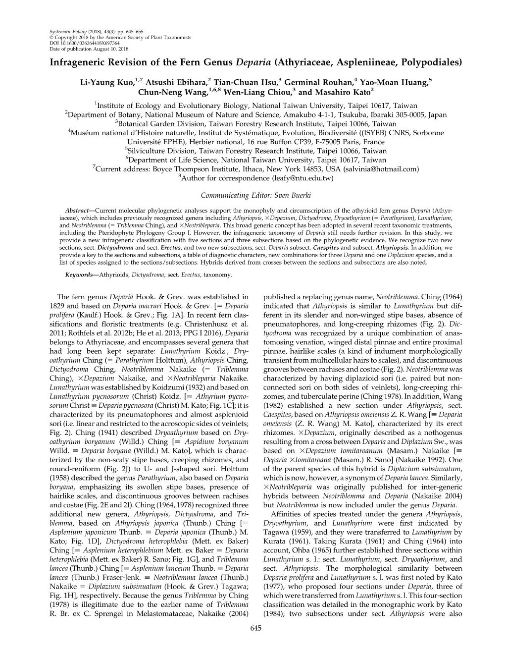 Infrageneric Revision of the Fern Genus Deparia (Athyriaceae, Aspleniineae, Polypodiales)