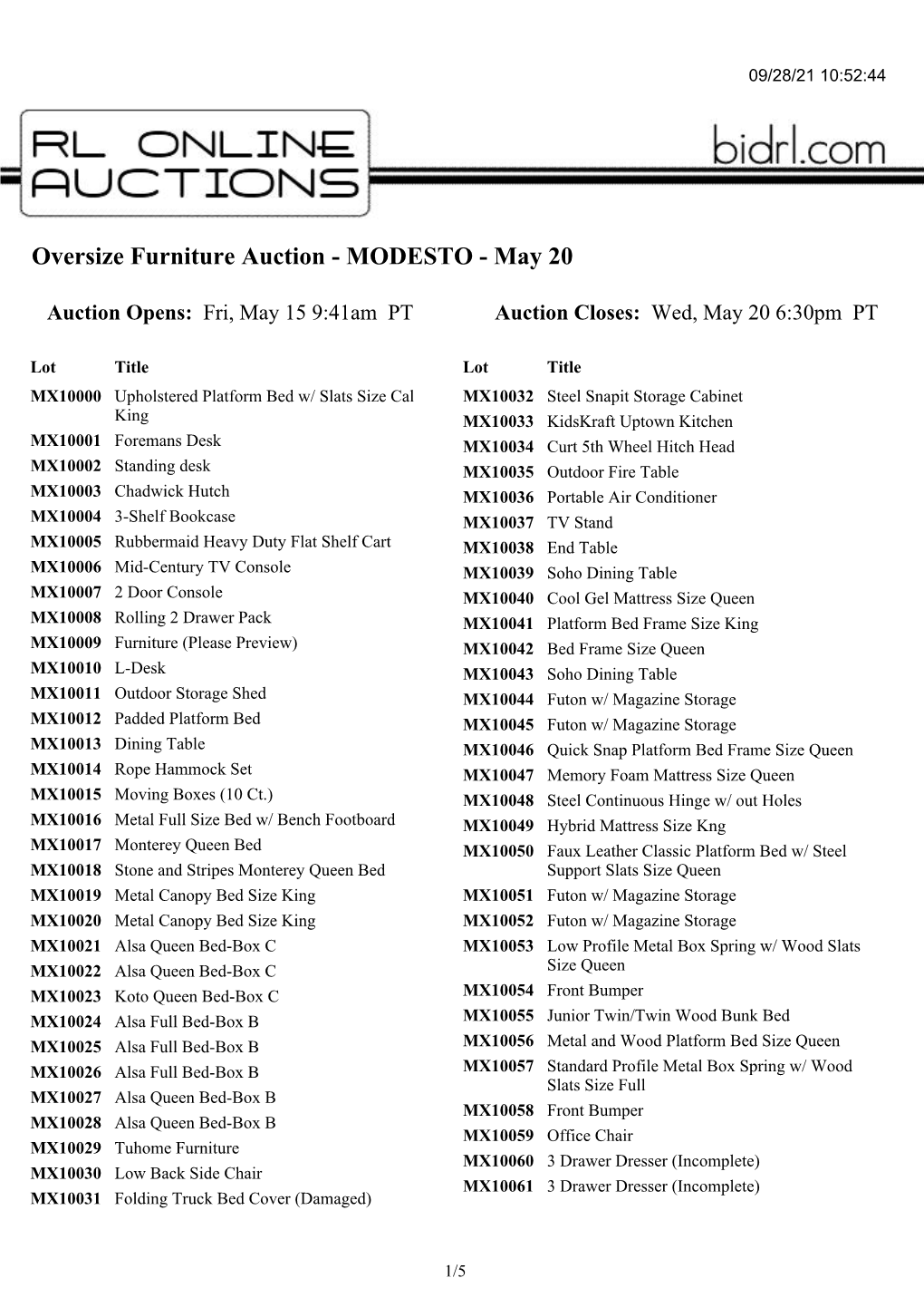 Oversize Furniture Auction - MODESTO - May 20