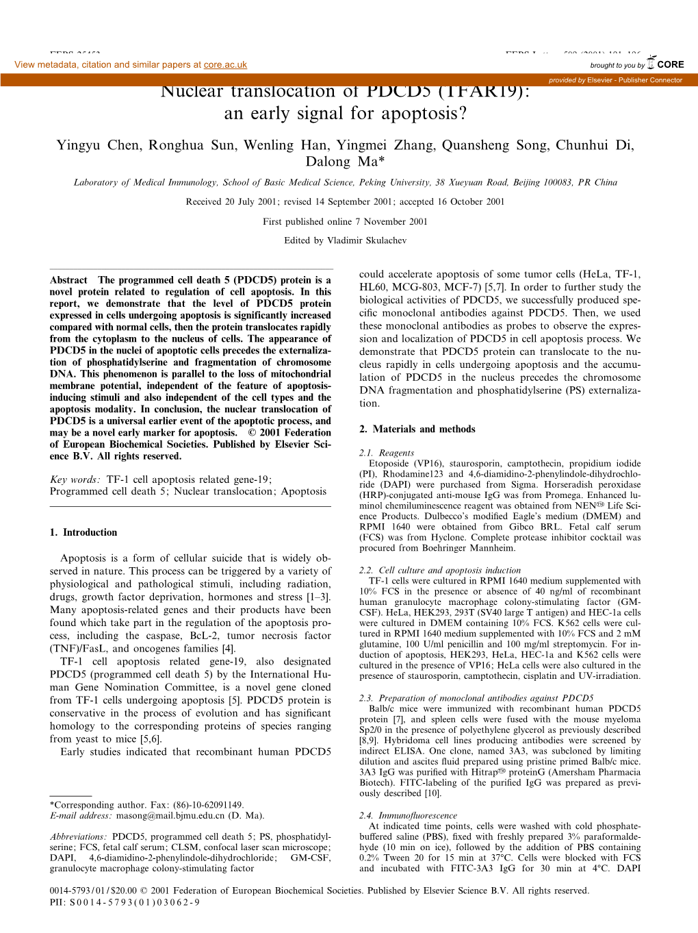 Nuclear Translocation of PDCD5 (TFAR19): Provided by Elsevier - Publisher Connector an Early Signal for Apoptosis?