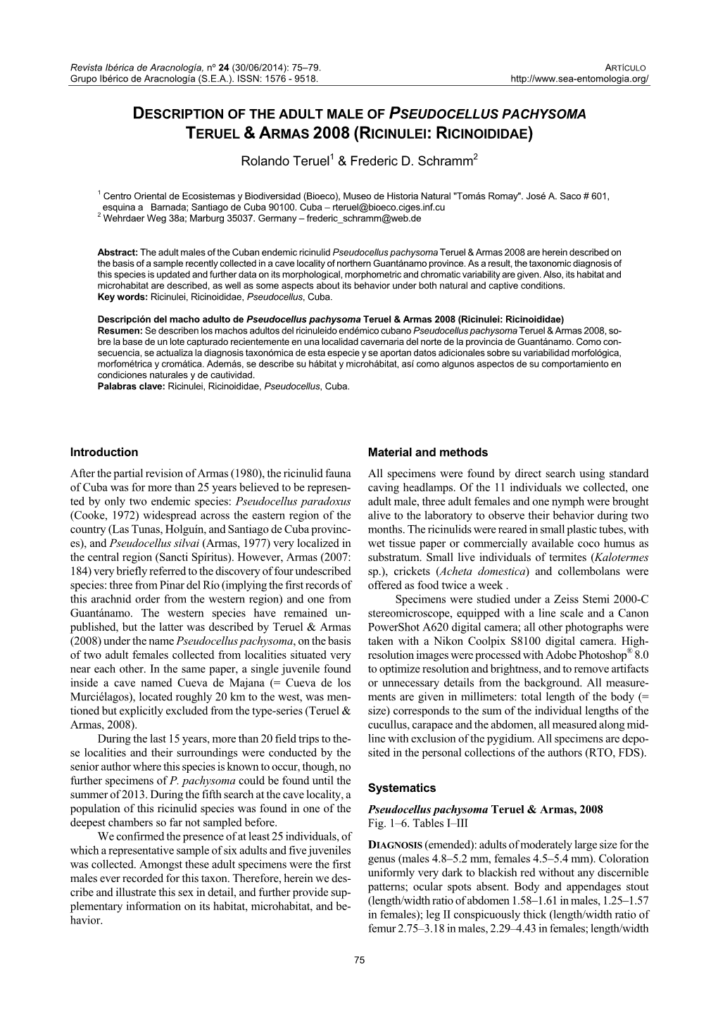 Description of the Adult Male of Pseudocellus Pachysoma Teruel & Armas 2008 (Ricinulei: Ricinoididae)