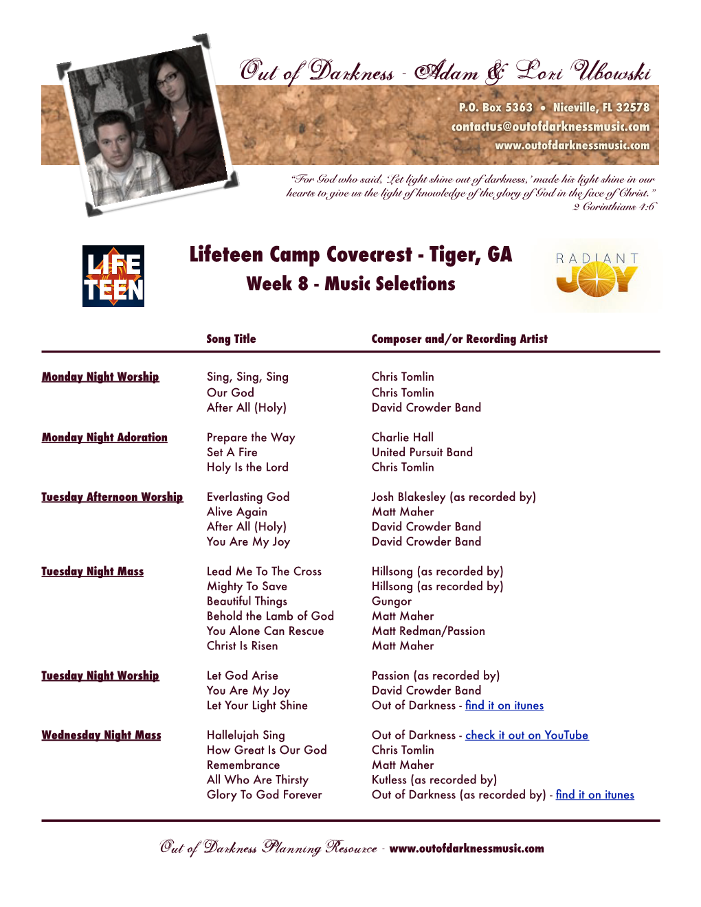 Out of Darkness Song Selections (Lifeteen Covecrest Tiger